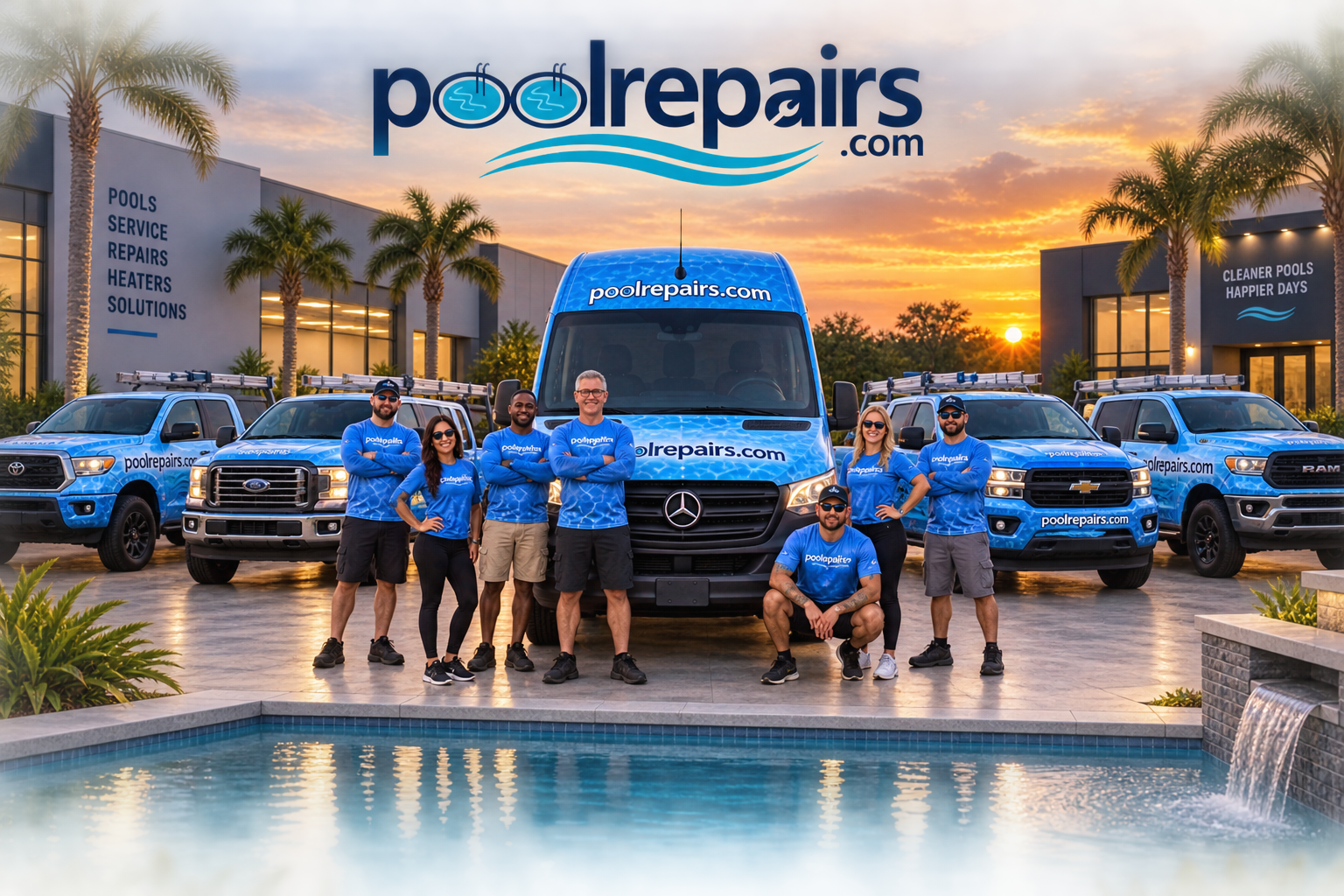 PoolRepairs.com staff and branded vehicles beside a pool at sunset